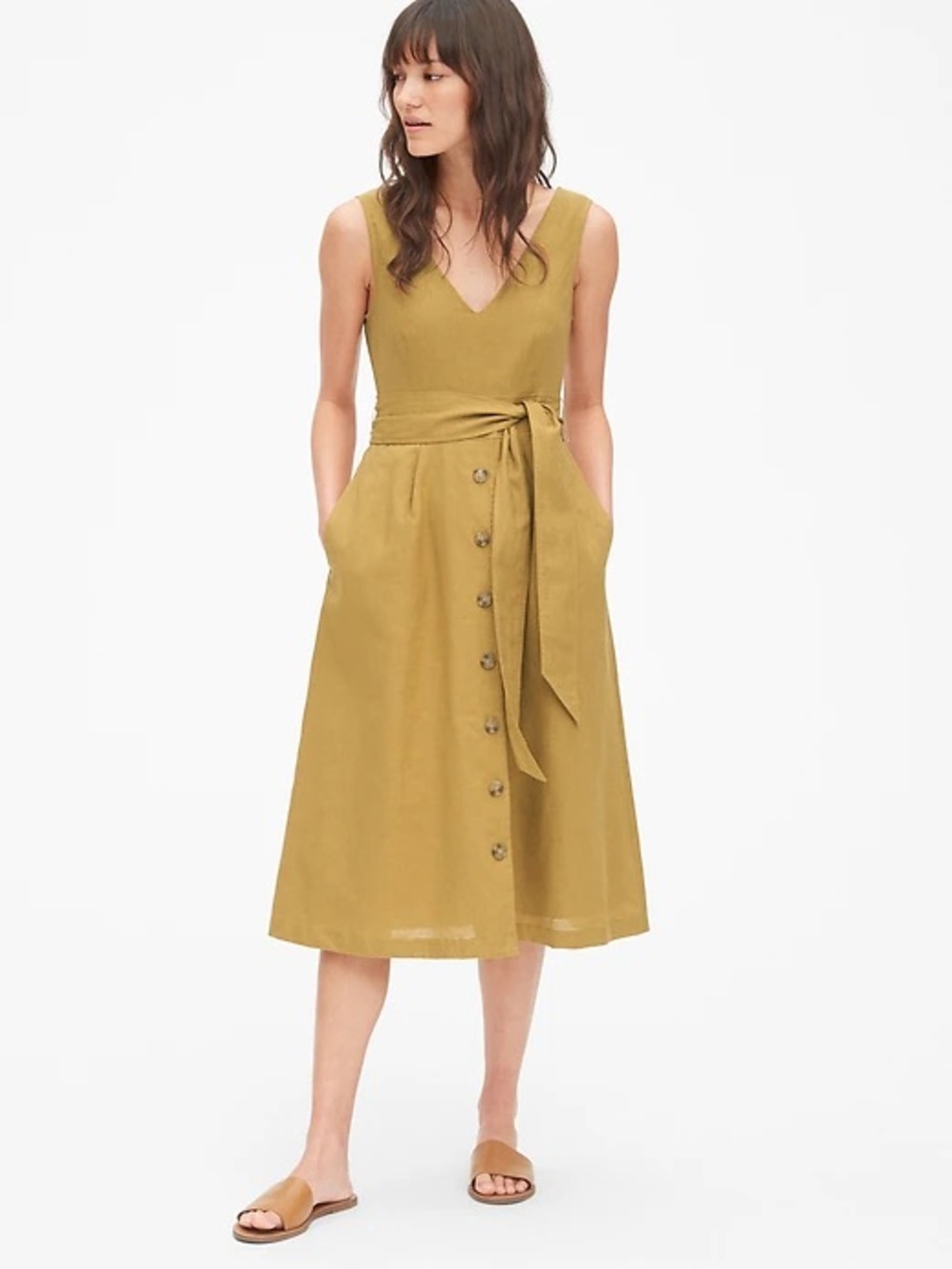 GAP Sleeveless button down linen dress V neck Antique Gold size 2